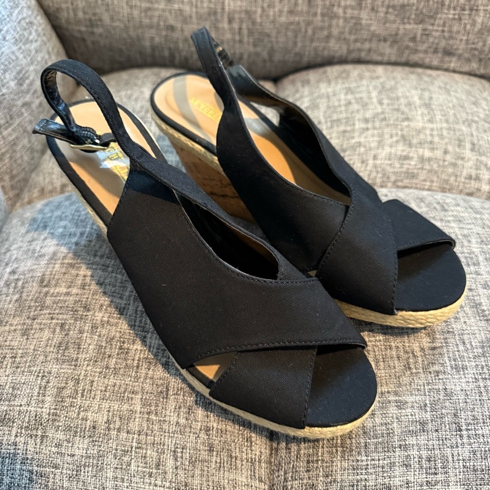 Seychelles Diamond Black Canvas Cork Wedge Slingback Sandals Women's Size 8.5